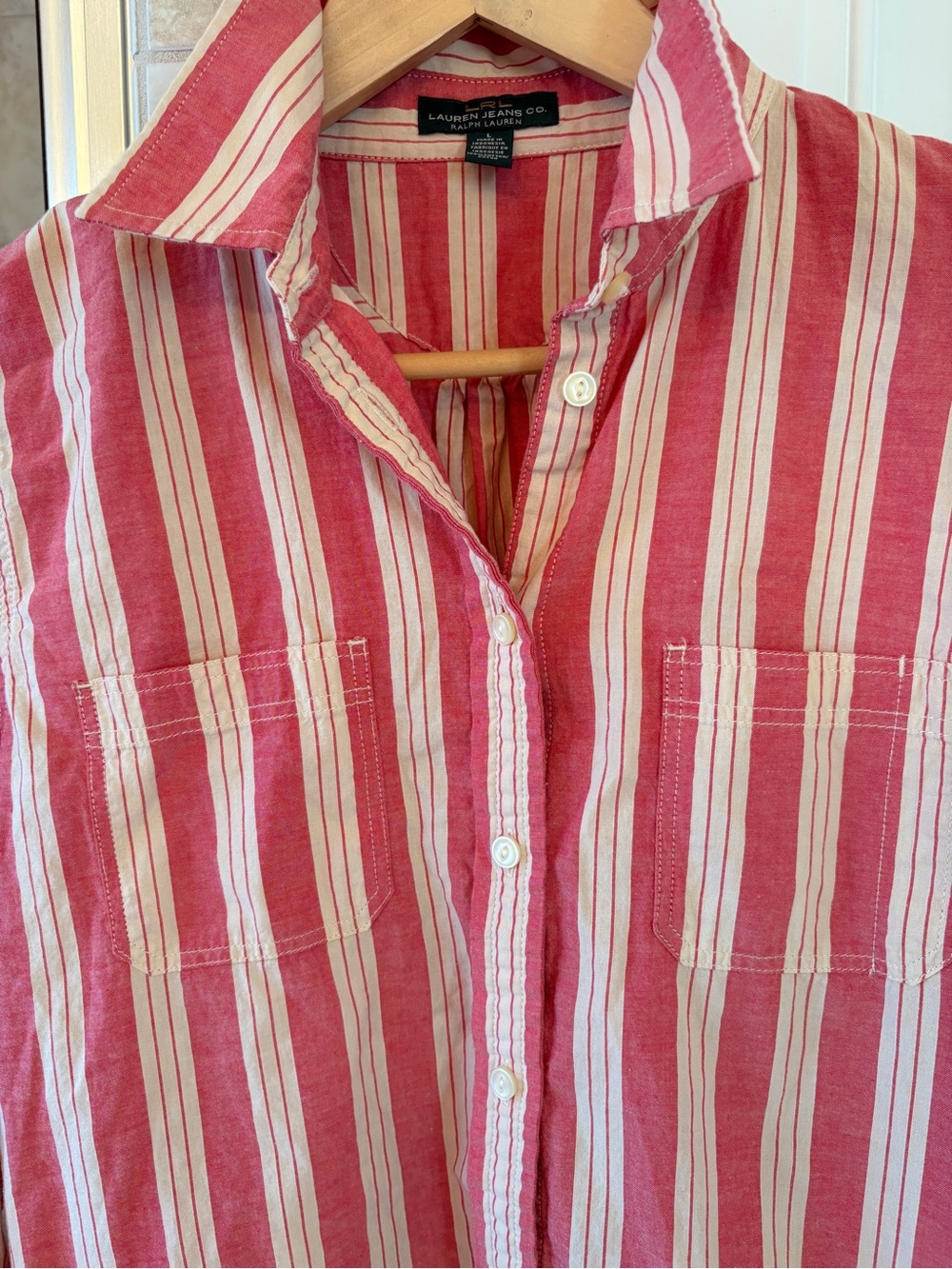 Vintage LRL Ralph Lauren Jeans Co. Red and cream striped utility button-down (L) - Picture 3 of 8